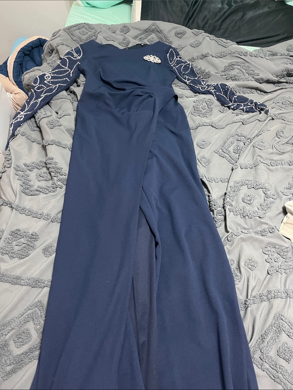 Navy Long Sleeve Evening Romper with Embellished Sleeves With Hair Piece